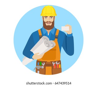 Worker holding the project plans and showing the business card. Portrait of worker character in a flat style. Vector illustration.