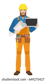 Worker holding the project plans and showing blank digital tablet PC. Full length portrait of worker character in a flat style. Vector illustration.