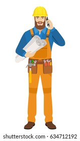 Worker holding the project plans and talking on the mobile phone. Full length portrait of worker character in a flat style. Vector illustration.