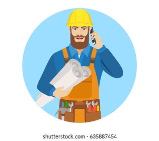 Worker holding the project plans and talking on the mobile phone. Portrait of worker character in a flat style. Vector illustration.