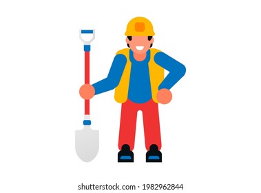 Worker holding a shovel. Male builder and shovel. Vector illustration isolated on white background