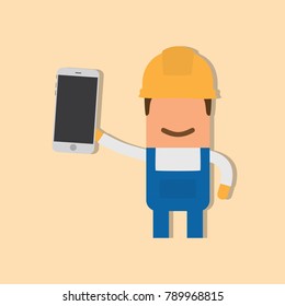 Worker holding a smartphone, vector illustration design. Construction characters collection.