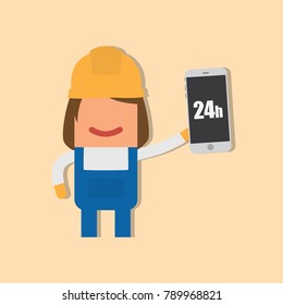 Worker holding a smartphone, vector illustration design. Construction characters collection.
