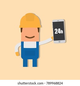 Worker holding a smartphone, vector illustration design. Construction characters collection.