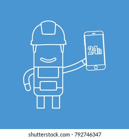 Worker holding a smartphone, vector illustration design. Construction characters collection.