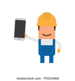 Worker holding a smartphone, vector illustration design. Construction characters collection.