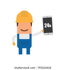Worker holding a smartphone, vector illustration design. Construction characters collection.