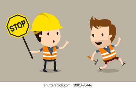 worker holding a stop sign and worker who runs without protection, Vector illustration, Safety and accident, Industrial safety cartoon