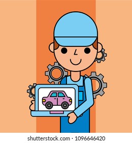 worker holding tablet car service maintenance app