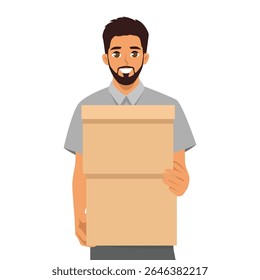 Worker holding two stacked cardboard boxes, symbolizing reliability and efficient service. Flat Vector character illustration