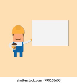 Worker holding a white banner and a coffee, vector illustration design. Construction characters collection.