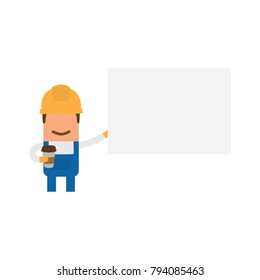 Worker holding a white banner and a coffee, vector illustration design. Construction characters collection.
