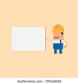 Worker holding a white banner, vector illustration design. Construction characters collection.