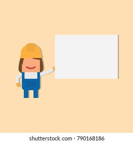Worker holding a white banner, vector illustration design. Construction characters collection.