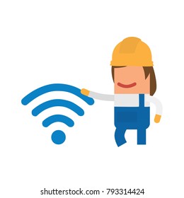 Worker holding a wifi sign, vector illustration design. Construction characters collection.