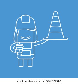 Worker holding a work cone and a coffee, vector illustration design. Construction characters collection.