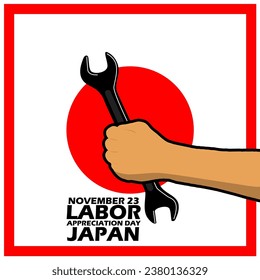 Trabajador con una llave con texto en negrita sobre el fondo de la bandera japonesa para conmemorar el Día de Apreciación Laboral el 23 de noviembre en Japón.