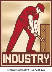 worker holding wrench - industry poster (design for labor day)