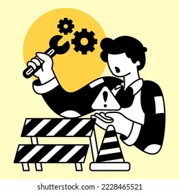 Worker holding wrench and repairing broken machine. Flat design modern vector illustration concept
