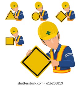 worker holds blank warning sign. 4 types of warning sign. Let you assign your sign on it

