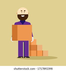 A worker holds a cardboard box. Delivery of goods. Cartoon character. Vector flat illustration