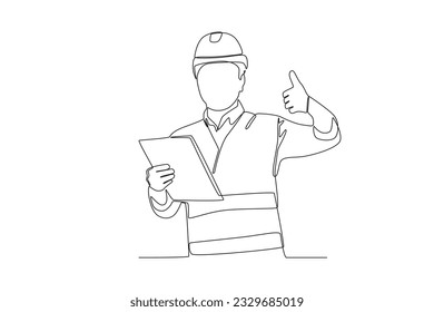 A worker holds a document with a thumbs up. Labor Day one-line drawing