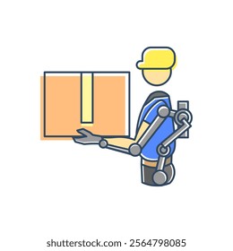 Worker holds a large box, demonstrating the use of an exoskeleton to lift heavy objects. Exoskeleton with mechanical arms and joints, increasing worker strength and capabilities.