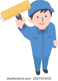 A worker holds up a paint roller and looks up