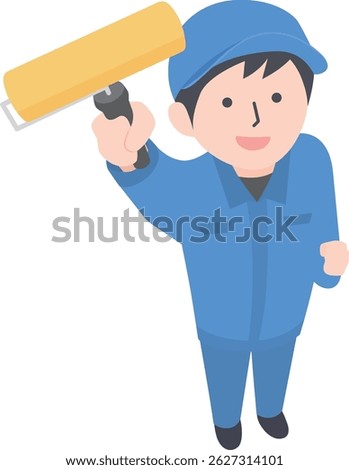 A worker holds up a paint roller and looks up