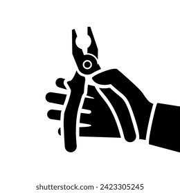 The worker holds the pliers in hands, black icon. Human hands holding pairs of pliers. The builder is holding a working tool. Vector illustration flat design. Isolated on white background.