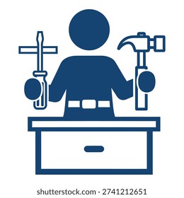 Worker holds screwdriver and hammer standing behind workbench in workshop icon
