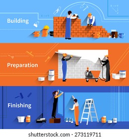 Worker horizontal banner set with building preparation and finishing work elements isolated vector illustration