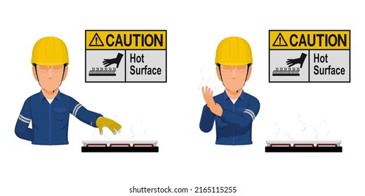 A worker with hot surface warning sign
