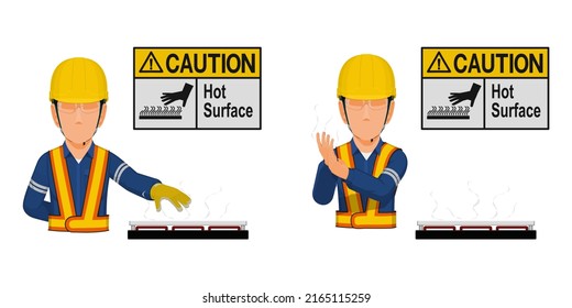 A worker with hot surface warning sign
