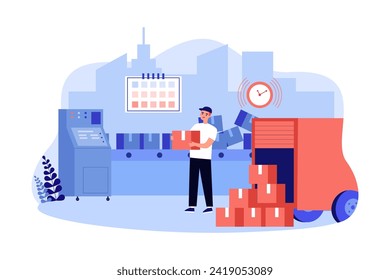 Worker hurry up to load many parcels in warehouse vector illustration. Calendar and clock as symbols of deadline to deliver goods on time. Delivery failures due to high workload concept 