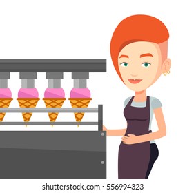 Worker of ice cream manufacture. Worker of factory producing ice-cream. Confectioner working on automatic production line of ice cream. Vector flat design illustration isolated on white background.