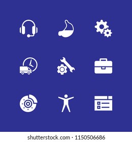 worker icon. 9 worker set with disc brake, work, repair and video web vector icons for web and mobile app