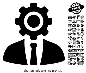 Worker icon with bonus calendar and time management symbols. Vector illustration style is flat iconic symbols, black color, white background.