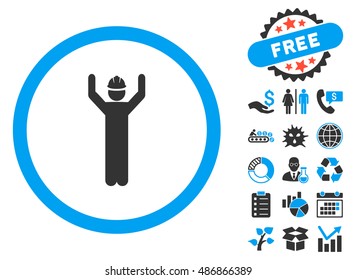 Worker icon with bonus images. Vector illustration style is flat iconic bicolor symbols, blue and gray colors, white background.
