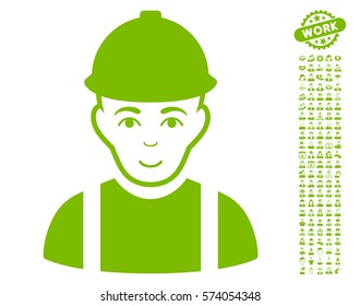 Worker icon with bonus men graphic icons. Vector illustration style is flat iconic eco green symbols on white background.