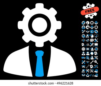 Worker icon with bonus tools pictogram. Vector illustration style is flat iconic bicolor symbols, blue and white colors, black background.