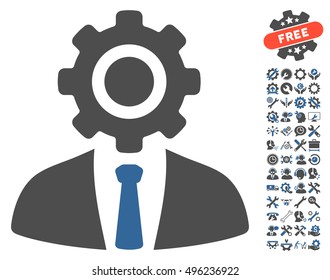 Worker icon with bonus tools pictogram. Vector illustration style is flat iconic bicolor symbols, cobalt and gray colors, white background.