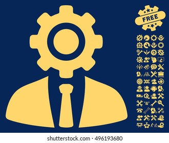 Worker icon with bonus tools pictograph collection. Vector illustration style is flat iconic symbols, yellow color, blue background.