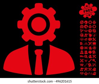 Worker icon with bonus tools pictograph collection. Vector illustration style is flat iconic symbols, red color, black background.