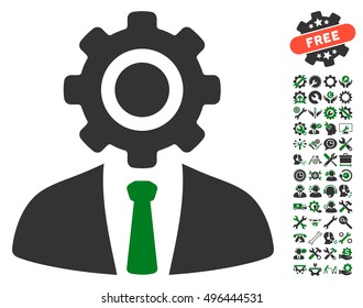 Worker icon with bonus tools icon set. Vector illustration style is flat iconic bicolor symbols, green and gray colors, white background.