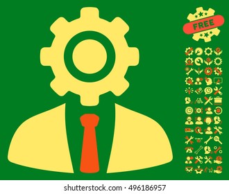 Worker icon with bonus tools symbols. Vector illustration style is flat iconic bicolor symbols, orange and yellow colors, green background.