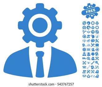 Worker icon with bonus tools symbols. Vector illustration style is flat iconic symbols, cobalt color, white background.