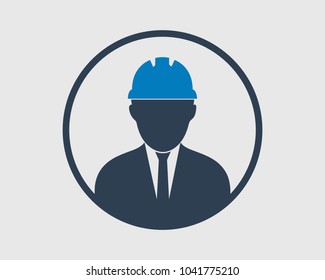 Worker Icon with circle shape. Male symbol with helmet on head.