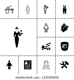 Worker icon. collection of 13 worker filled and outline icons such as gloves, crane, resume, gardener jumpsuit, casino girl, man. editable worker icons for web and mobile.