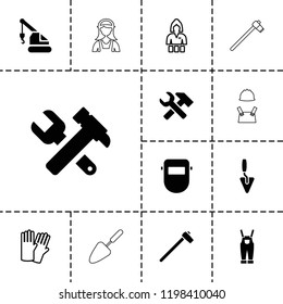 Worker icon. collection of 13 worker filled and outline icons such as glove, casino girl, trowel, hummer and wrench, garden hammer. editable worker icons for web and mobile.